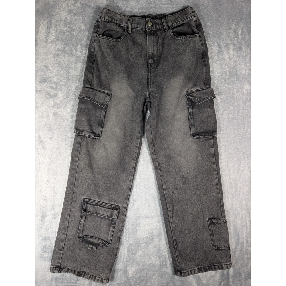 Charlotte Russe Women's High-Rise Cargo Wide Leg Jeans Faded Black Denim Size M